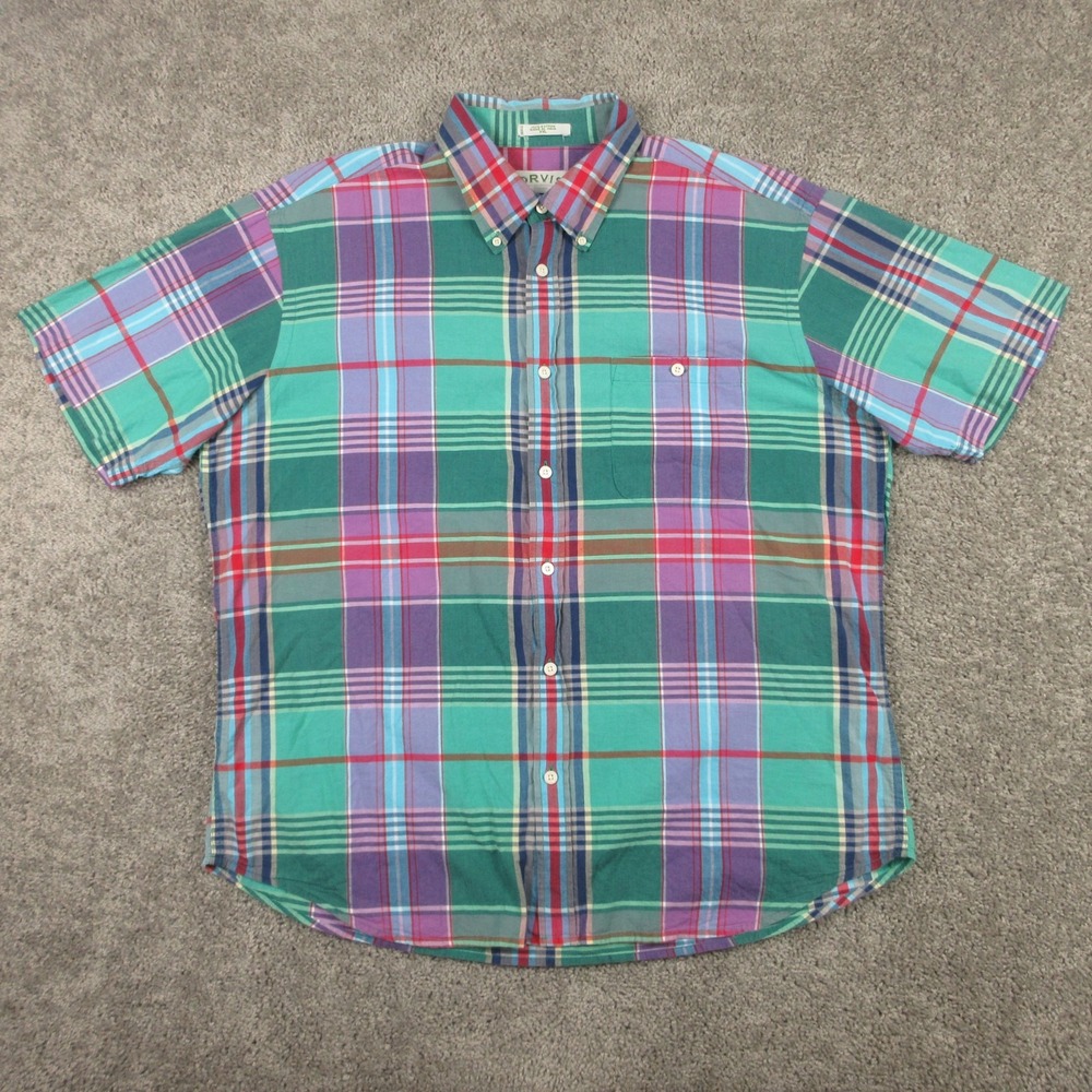Orvis‎ Shirt Mens 2XL Green Indian Madras Plaid Short Sleeve Pocket Button Up